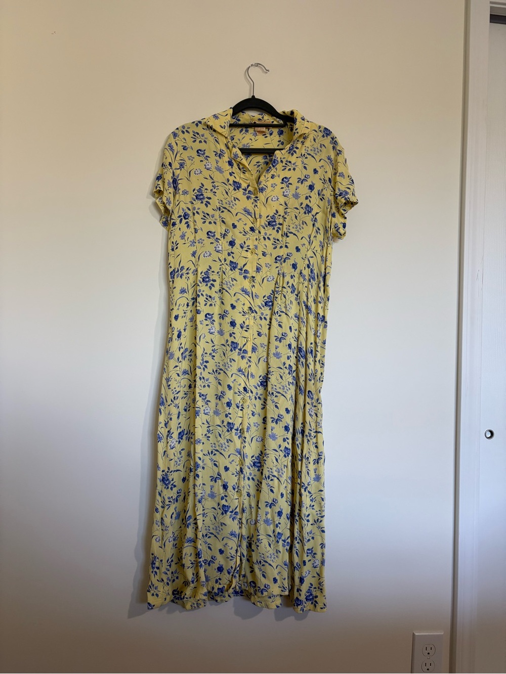 Vintage 90a April Cornell Yellow Maxi Dress with Blue Floral Print - Picture 8 of 13